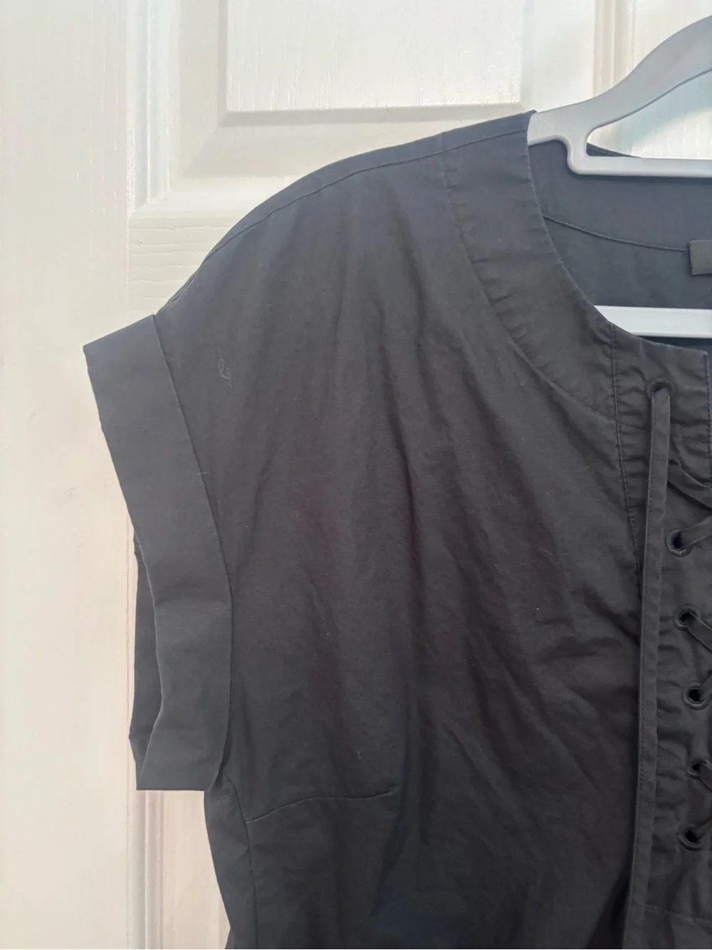 J Crew black short sleeved lace up dress.